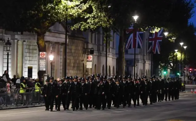 Police dey patrol for Whitehall ahead of di funeral