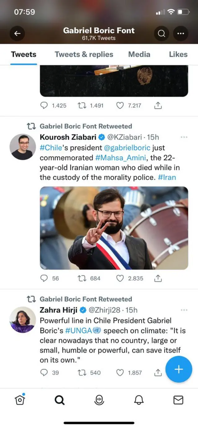 گابریل بوریچ در حساب کاربری‌اش خبرهای جانباختن مهسا امینی در بازداشت پلیس ایران را بازنشر کرده است