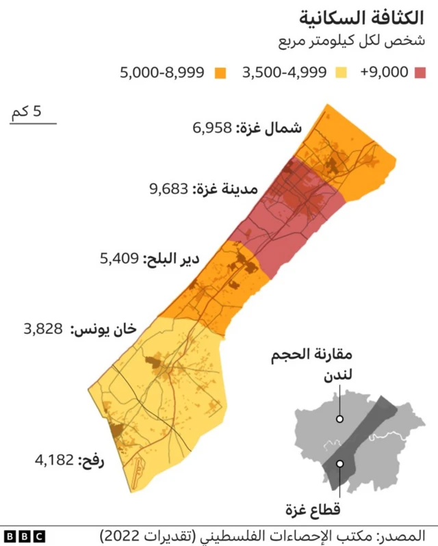 خريطة الكثافة السكانية في قطاع غزة