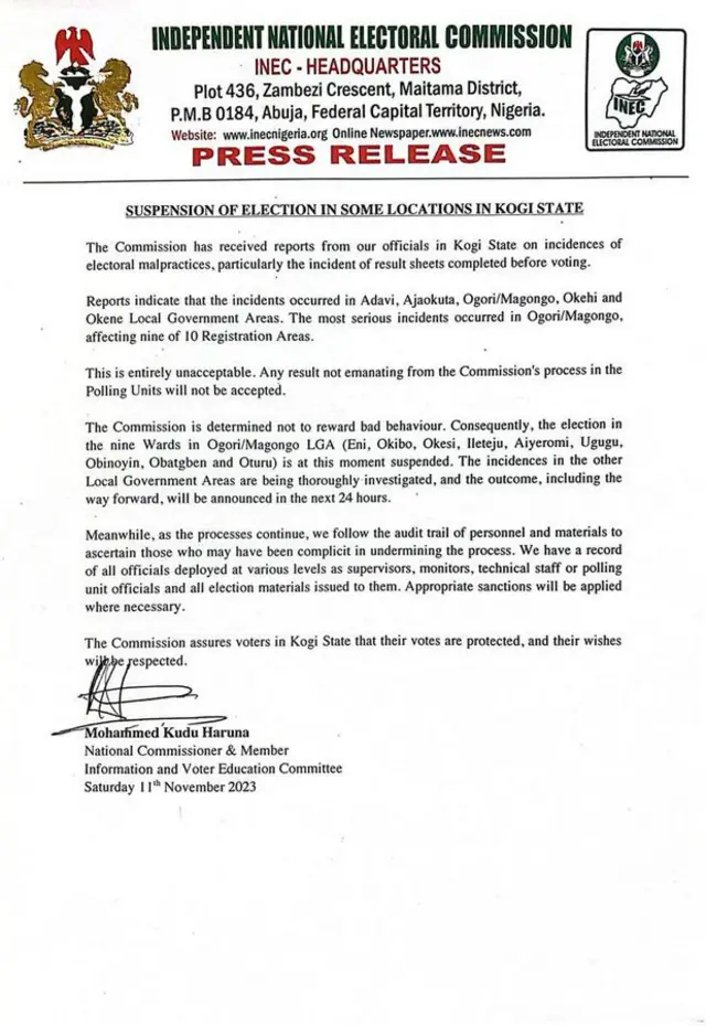 Aworan atẹjade Inec lori idibo Kogi
