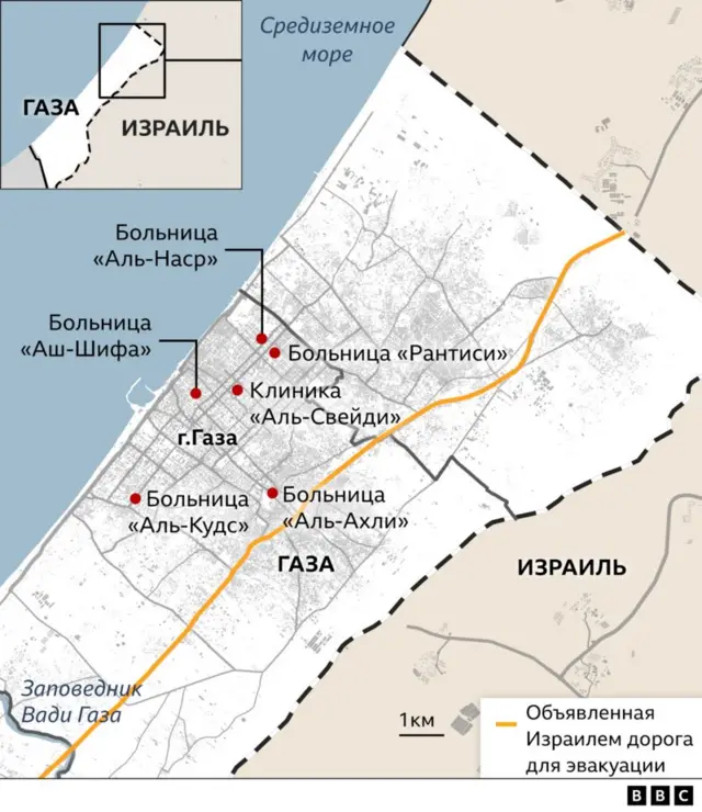 Карта больниц в Газе