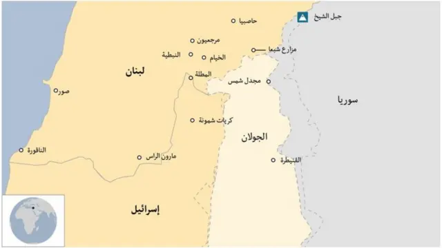خارطة لشمال إسرائيل وهضبة الجولان والجنوب اللبناني