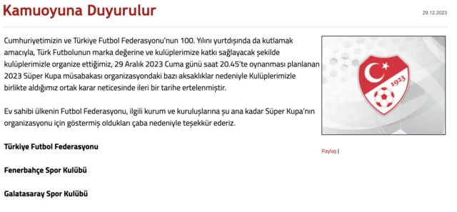 Galatasaray, Fenerbahçe ve TFF, ortak açıklama yaptı