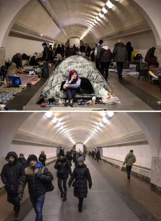 ВВЕРХУ: Люди укрываются на станции метро "Дорогожичи" в Киеве, 2 марта 2022 г. ВНИЗУ: Та же станция метро "Дорогожичи" в Киеве, 9 февраля 2023 г.