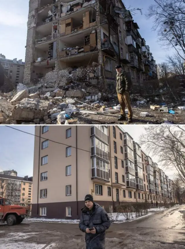 ВВЕРХУ: Жилой комплекс в Киеве, пострадавший в результате российского обстрела 18 марта 2022 г. ВНИЗУ: Тот же отремонтированный дом в Киеве 11 февраля 2023 г.