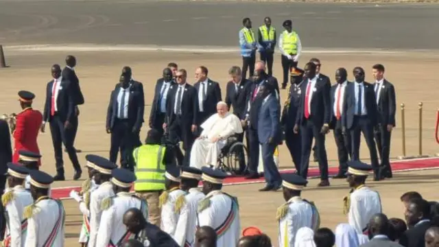 Pope Francis has arrived at the airport in South Sudan's capital, Juba