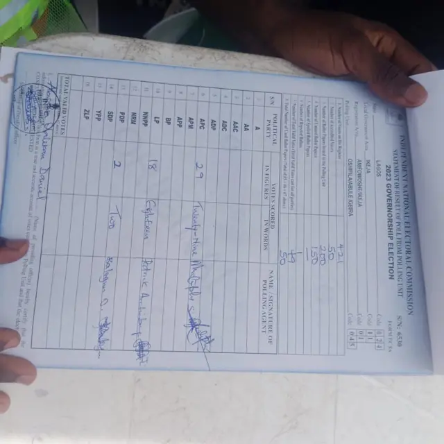 Result sheet for di election result from GRV polling unit