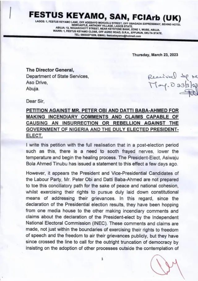 Keyamo zipụrụ ozi nye ndị ụlọọrụ DSS maka ihe ọ kpọrọ okwu mkpalite mwute si n'ọnụ Peter Obi na onye osote ya bụ Datti Baba-Ahmed n'ụbọchị Tọzde 23 Maachị 2023