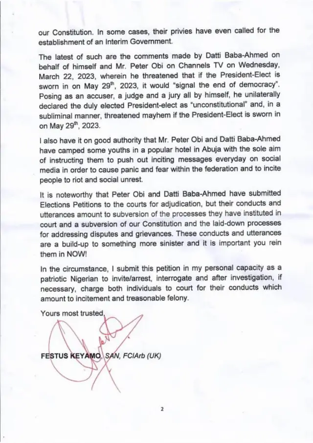 Keyamo zipụrụ ozi nye ndị ụlọọrụ DSS maka ihe ọ kpọrọ okwu mkpalite mwute si n'ọnụ Peter Obi na onye osote ya bụ Datti Baba-Ahmed n'ụbọchị Tọzde 23 Maachị 2023