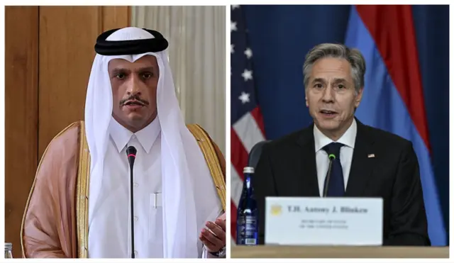 نخست وزیر و وزیر خارجه قطر و وزیر خارجه آمریکا