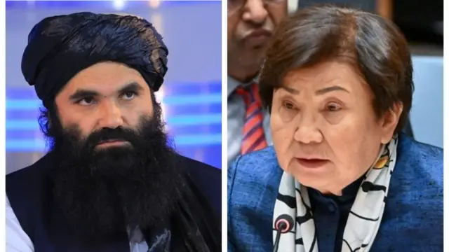 سراج الدین حقانی، وزیر داخله طالبان در دیدار با رزا اوتونبایوا، نماینده دبیرکل سازمان ملل