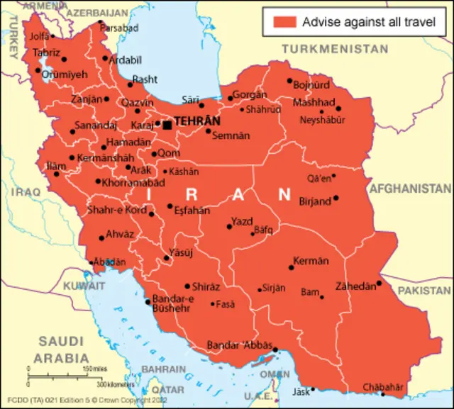 نقشه ای که وزارت خارجه بریتانیا منتشر کرده و به شهروندان بریتانیایی و یا دو تابعیتی توصیه کرده که از مسافرت به ایران خودداری کنند