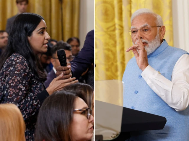 द वाल स्ट्रीट जर्नल की पत्रकार सबरीना सिद्दीक़ी पीएम मोदी से सवाल करती हुईं