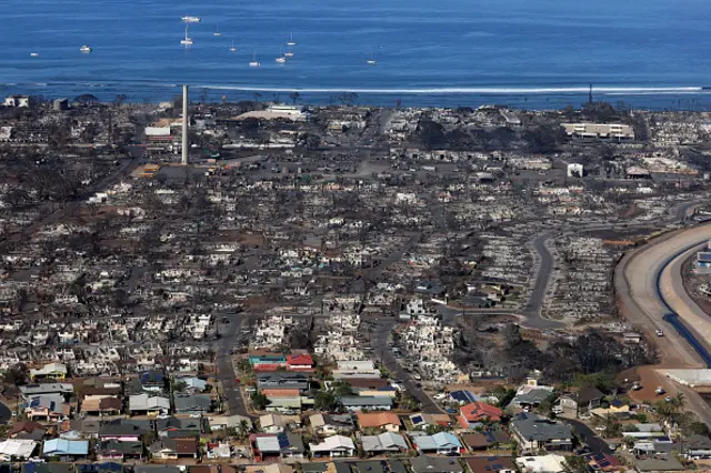 హవాయిలో నివాస ప్రాంతాలలో కాలిపోయిన ఇళ్లు, ఇతర నిర్మాణాలు, చెట్లు