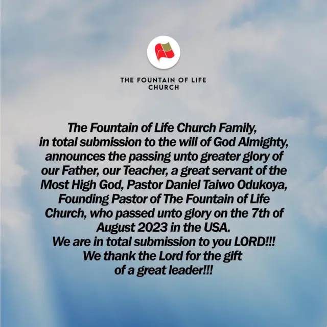 Ụlọụka Fountain of Life Church amaala ọkwa ọnwụ Ụkọ Chukwu Taiwo Odukoya