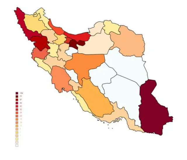 نقشه استانی کشته‌شدگان اعتراضات سراسری ۱۴۰۱ که سازمان حقوق بشر ایران تهیه کرده است