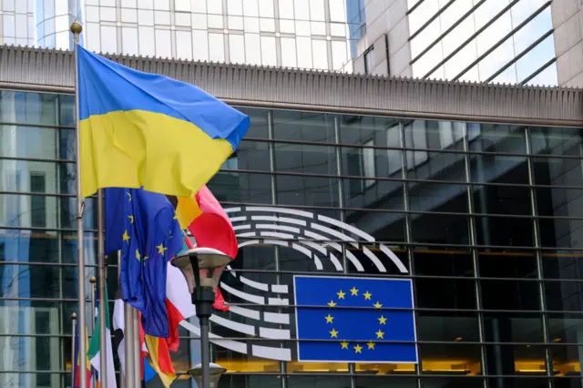 Флаги Украины, ЕС и стран ЕС перед зданием Европарламента в Брюсселе