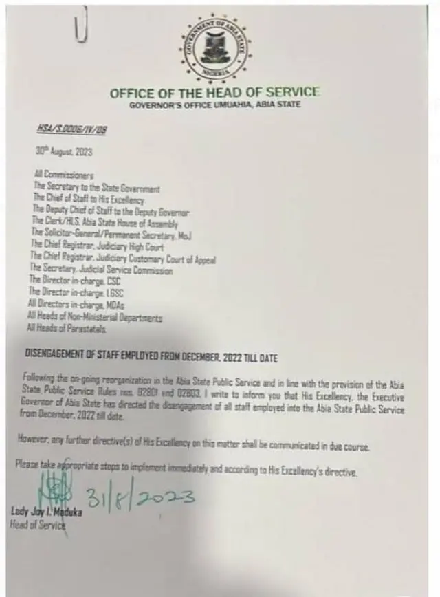 Akwụkwọ ozi si n'aka Gọọmentị Abia