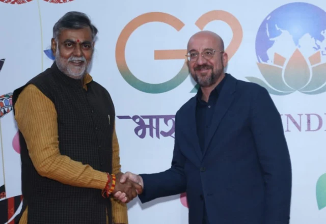 यूरोपीय परिषद के अध्यक्ष चार्ल्स मिशेल के साथ केंद्रीय राज्यमंत्री प्रल्हाद सिंह पटेल