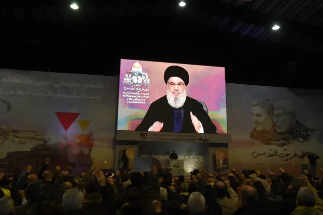 الأمين العام لحزب الله اللبناني حسن نصرالله خلال خطاب بمناسبة ذكرى اغتيال سليماني