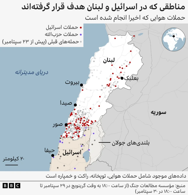 مناطقی در لبنان و اسرائیل که مورد هدف قرار گرفته‌اند