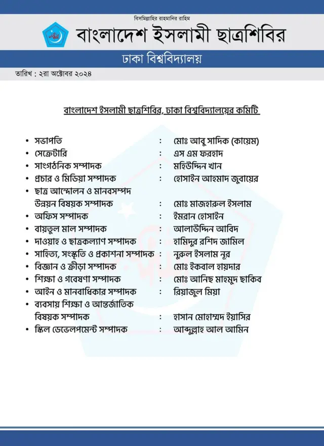 ছাত্রশিবিরের ঢাকা বিশ্ববিদ্যালয় শাখার পূর্নাঙ্গ কমিটি