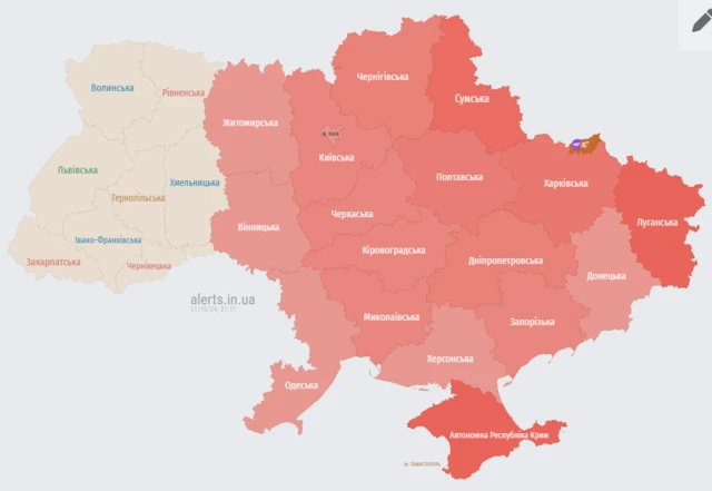 Карта воздушной тревоги на 22:15 по местному времени