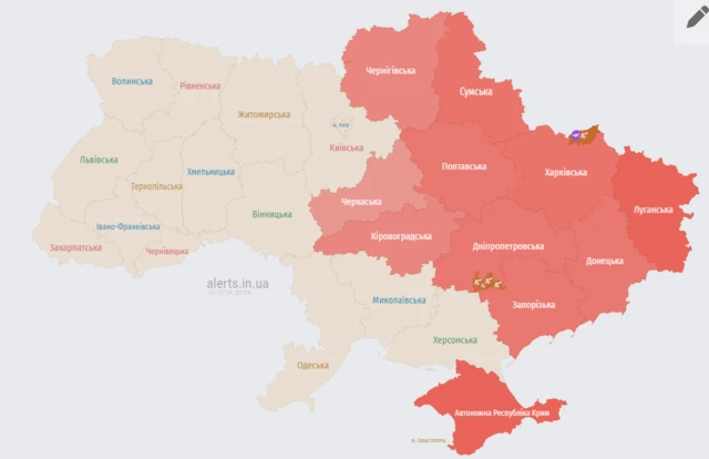 Карта воздушной тревоги на два часа ночи по местному времени