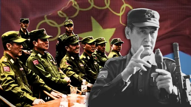 ကိုးကန့်တပ်ခေါင်းဆောင်ပိုင်း၊ နောက်ခံ အလံနဲ့ စစ်ဦးစီးချုပ် ဖုန်တာရွှင်ရဲ့ သရုပ်ဖော်ပုံ