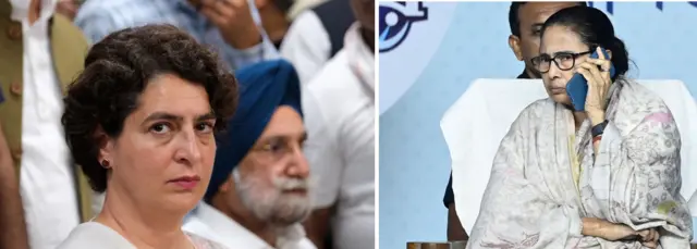 প্রিয়াঙ্কা গান্ধী ওয়াধরা (বাঁয়ে), মুখ্যমন্ত্রী মমতা ব্যানার্জী (ডানে)