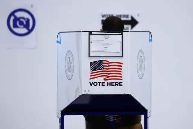 A voter casts their ballot at a polling station