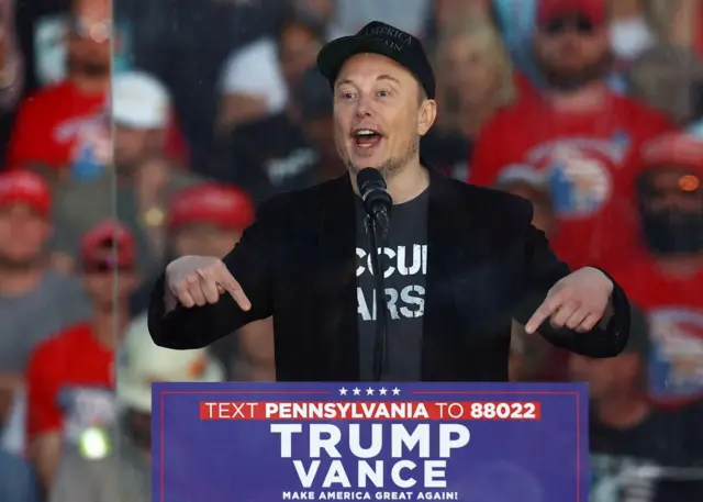 Tesla CEO and X owner Elon Musk speaks during a rally for Republican presidential nominee and former U.S. president Donald Trump, at the site of the July assassination attempt against Trump, in Butler, Pennsylvania, U.S., October 5, 2024