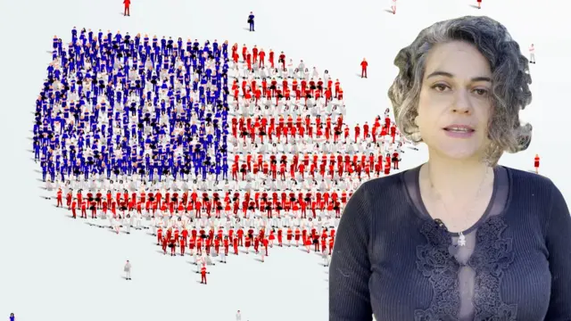 Mapa dos Estados Uniidos com repórter mariana na frente