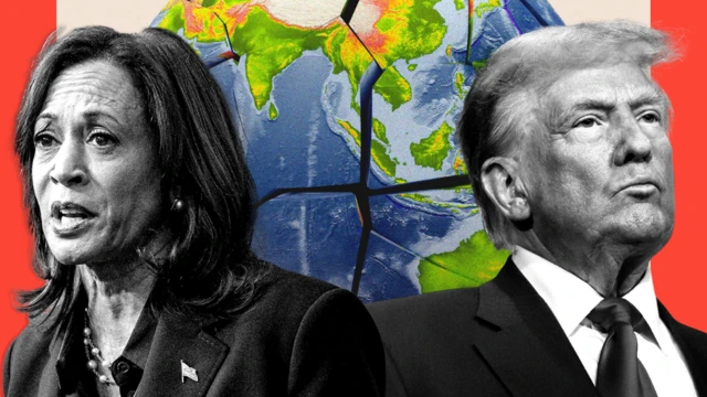 Kamala Harris wit her full hair and Donald Trump wit his curly hair wit both facing opposite way