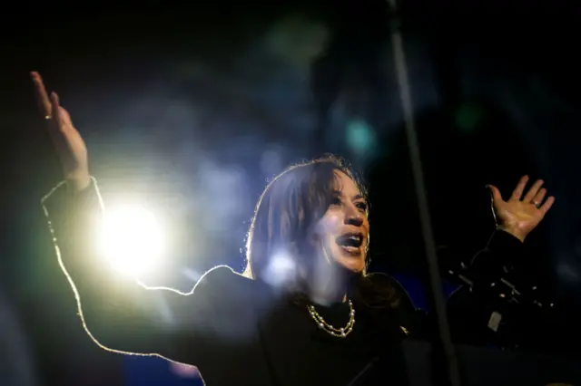 Democratic presidential nominee, U.S. Vice President Kamala Harris speaks during the closing rally