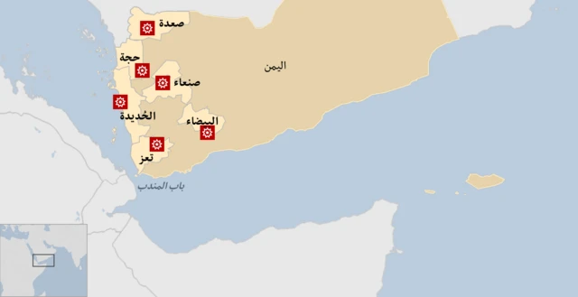 خارطة للمحافظات اليمنية التي تعرضت للقصف الأمريكي - البريطاني منذ بداية الهجمات وفق إعلانات جماعة الحوثي