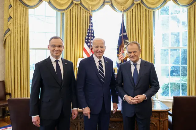 Президент ПОльши Анджей Дуда, Байден и премьер-министр Польши Дональд Туск