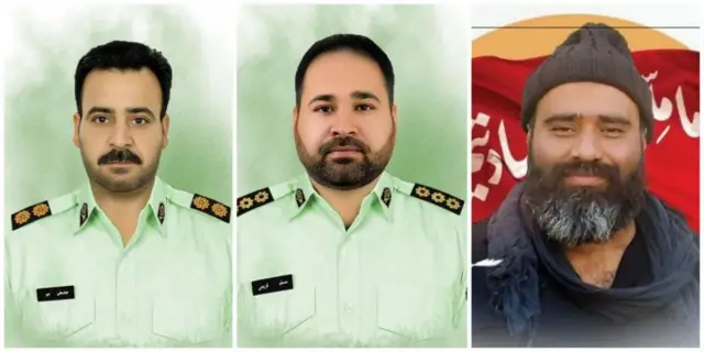 تصاویر سه تن از کشته شدگان حمله شب گذشته؛ از سمت راست: امیر محسن حسن نژاد از پاسداران تيپ الغدیر استان یزد، مسلم کریمی و عباسعلی میر از کلانتری ۱۱ چابهار