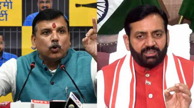 आम आदमी पार्टी के नेता संजय सिंह और हरियाणा के सीएम नायब सिंह सैनी