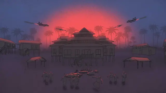 အကြည်ပန်းပလွန်ရွာ လေကြောင်းတိုက်ခိုက်ခံရမှု သရုပ်ဖော်ပုံ ရုပ်မြင်ပြုလုပ်ချက်