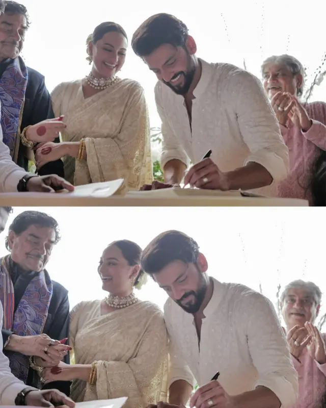 शादी के दस्तावेज़ों पर हस्ताक्षर करते हुए ज़हीर इक़बाल और सोनाक्षी सिन्हा