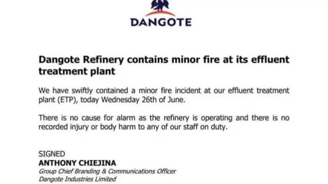 Ozi ụlọọrụ Dangote wepụtara