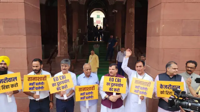 संसद परिसर में विरोध करते हुए आम आदमी पार्टी के सांसद