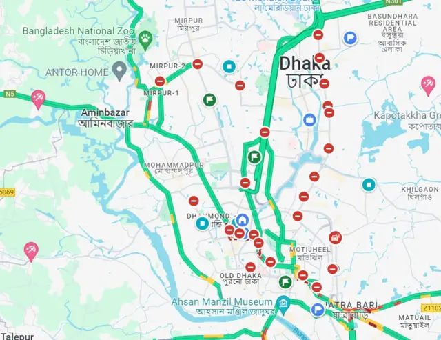 গুগল ম্যাপে ঢাকার চিত্র।