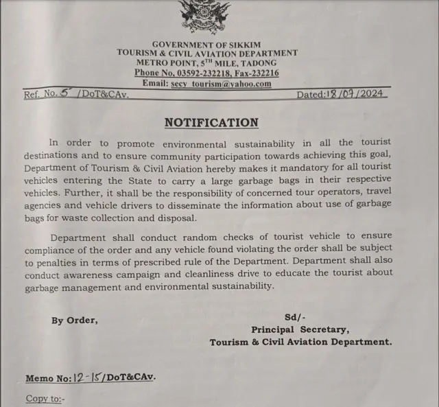 सिक्किम सरकार का आदेश