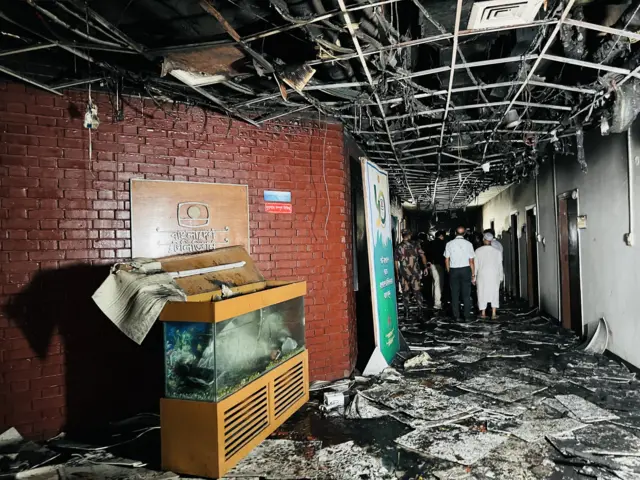 হামলা ও আগুনের ঘটনায় ক্ষতিগ্রস্থ বাংলাদেশ টেলিভিশন ভবন