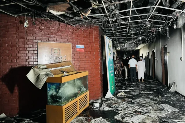 বিটিভির ক্ষতিগ্রস্ত ভবনের চিত্র।