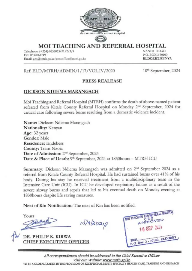 Ozi ụlọọgwụ wepụtara maka ọnwụ Dickson Ndlema