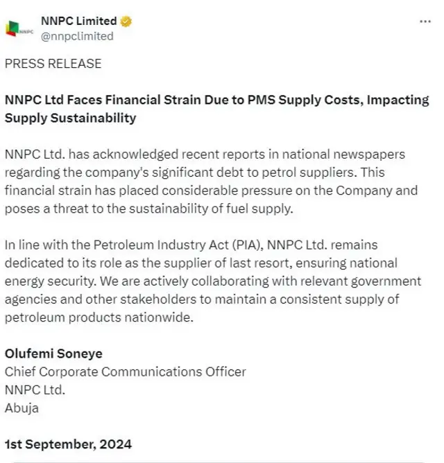Ozi ụlọorụ NNPCL wepụtara banyere ụkọ mmanụ ụgbọala
