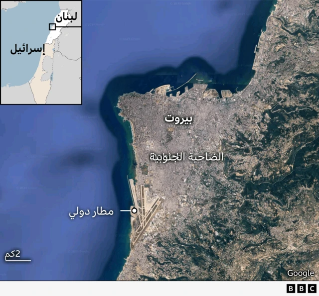 خارطة تبين بيروت والضاحية الجنوبية والمطار الدولي في لبنان